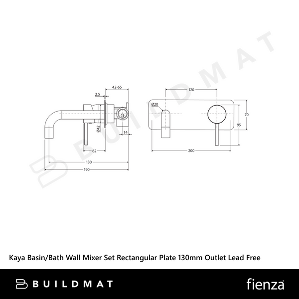 Fienza Kaya Basin/Bath Wall Mixer Set Rectangular Plate 130mm Outlet Brushed Nickel Lead Free