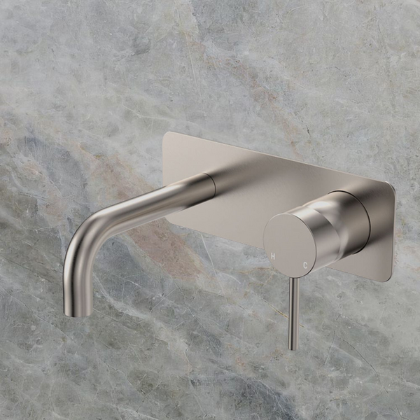 Fienza Kaya Basin/Bath Wall Mixer Set Rectangular Plate 130mm Outlet Brushed Nickel Lead Free