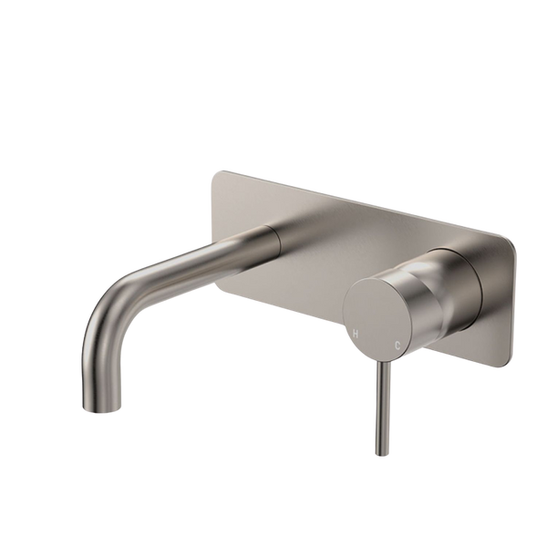 Fienza Kaya Basin/Bath Wall Mixer Set Rectangular Plate 130mm Outlet Brushed Nickel Lead Free
