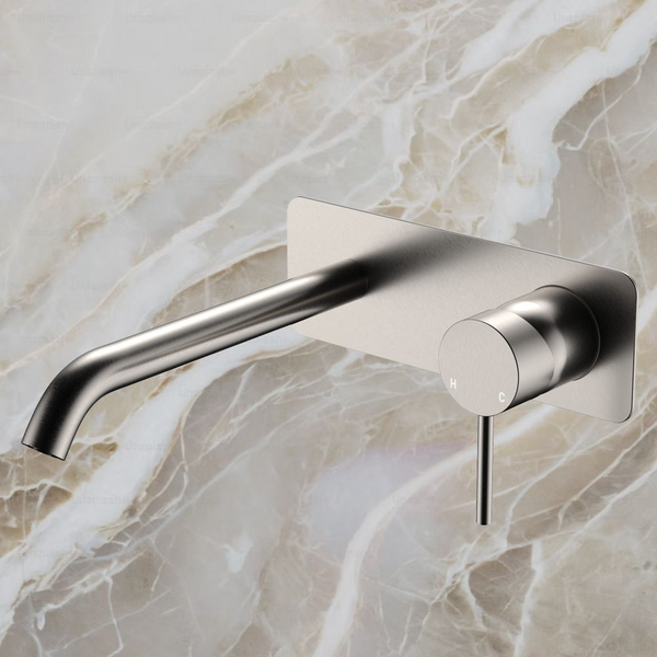 Fienza Kaya Basin Wall Mixer Set Rectangular Plate 200mm Outlet Brushed Nickel