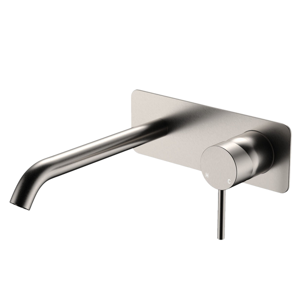 Fienza Kaya Basin Wall Mixer Set Rectangular Plate 200mm Outlet Brushed Nickel