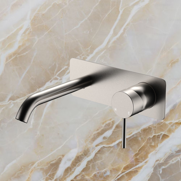 Fienza Kaya Basin Wall Mixer Set Rectangular Plate 160mm Outlet Brushed Nickel