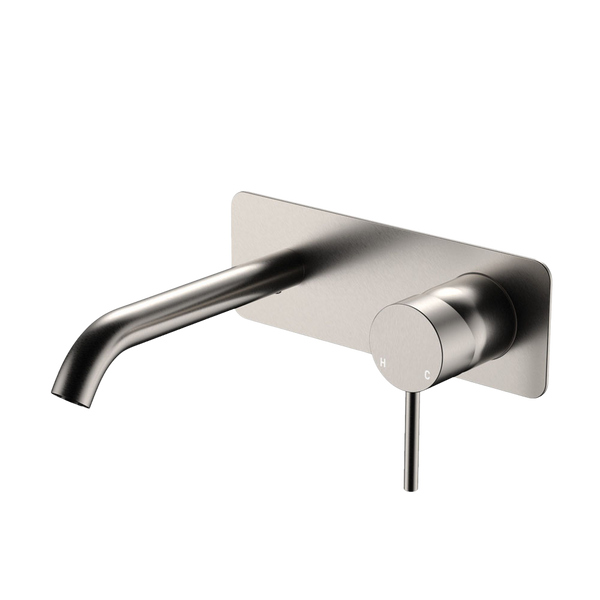 Fienza Kaya Basin Wall Mixer Set Rectangular Plate 160mm Outlet Brushed Nickel