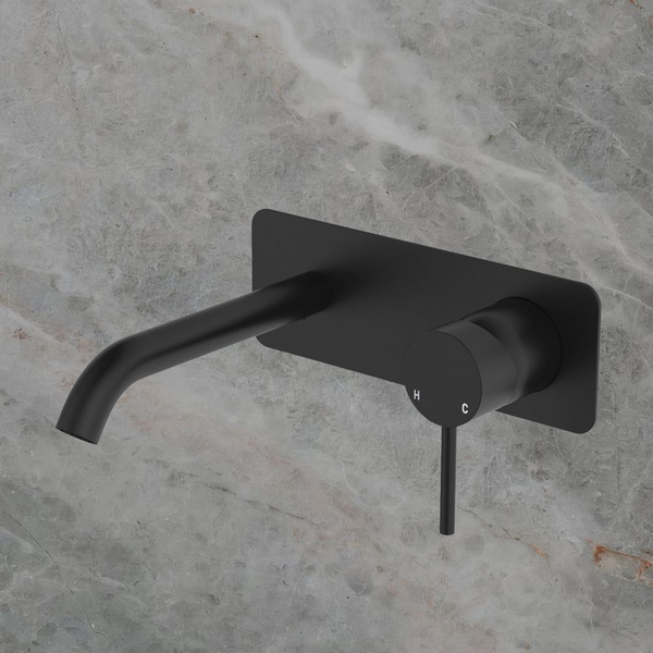 Fienza Kaya Basin Wall Mixer Set Rectangular Plate 160mm Outlet Matte Black