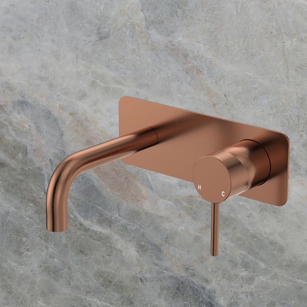 Fienza Kaya Basin/Bath Wall Mixer Set Rectangular Plate 130mm Outlet Brushed Copper Lead Free