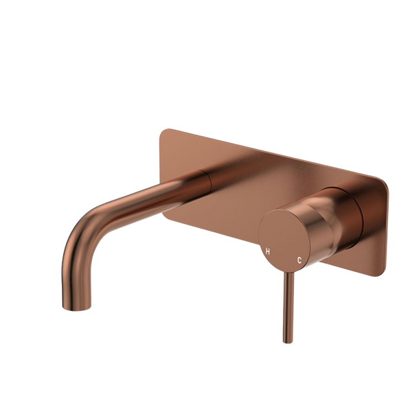 Fienza Kaya Basin/Bath Wall Mixer Set Rectangular Plate 130mm Outlet Brushed Copper Lead Free