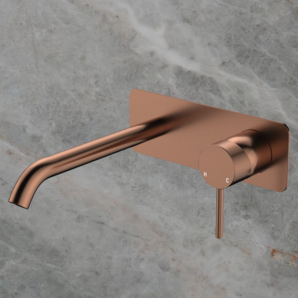 Fienza Kaya Basin Wall Mixer Set Rectangular Plate 200mm Outlet Brushed Copper