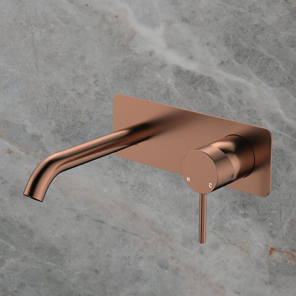 Fienza Kaya Basin Wall Mixer Set Rectangular Plate 160mm Outlet Brushed Copper