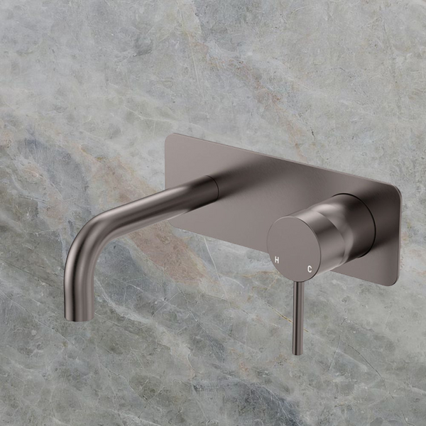 Fienza Kaya Basin/Bath Wall Mixer Set Rectangular Plate 130mm Outlet Gunmetal Lead Free