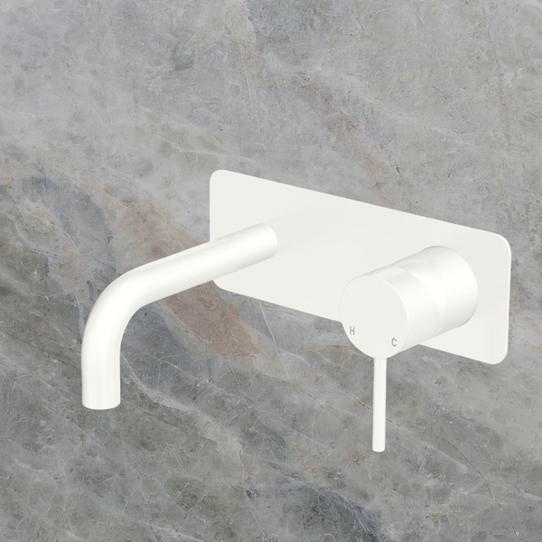Fienza Kaya Basin/Bath Wall Mixer Set Rectangular Plate 130mm Outlet Matte White Lead Free