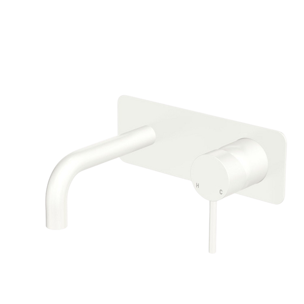 Fienza Kaya Basin/Bath Wall Mixer Set Rectangular Plate 130mm Outlet Matte White Lead Free
