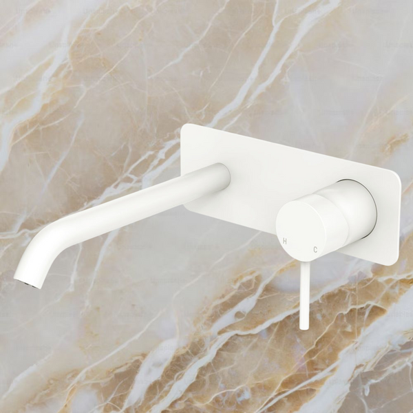 Fienza Kaya Basin Wall Mixer Set Rectangular Plate 200mm Outlet Matte White