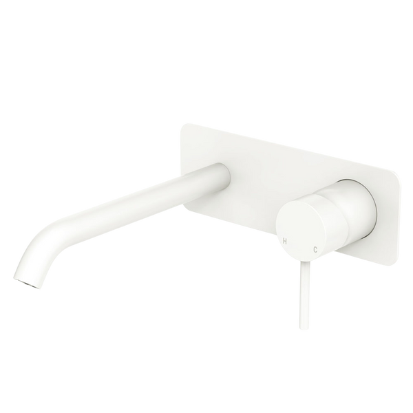 Fienza Kaya Basin Wall Mixer Set Rectangular Plate 200mm Outlet Matte White