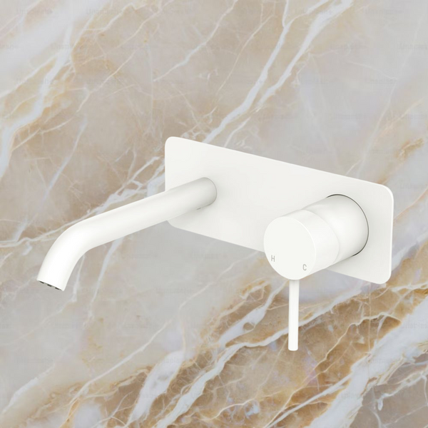 Fienza Kaya Basin Wall Mixer Set Rectangular Plate 160mm Outlet Matte White