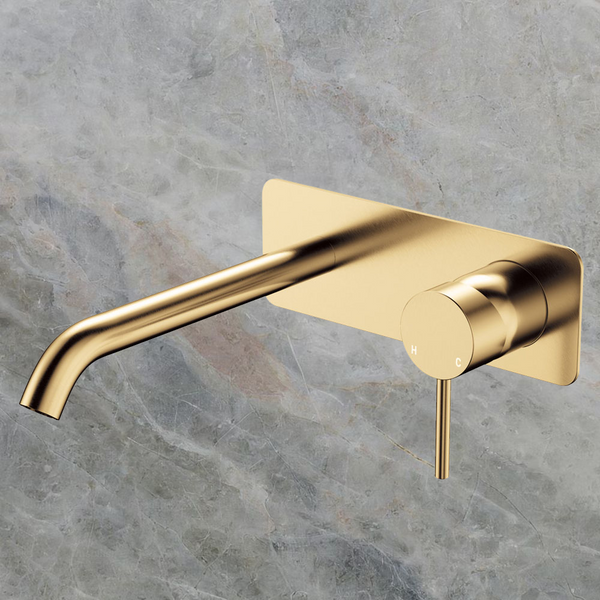 Fienza Kaya Basin Wall Mixer Set Rectangular Plate 200mm Outlet Urban Brass