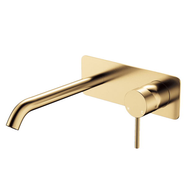 Fienza Kaya Basin Wall Mixer Set Rectangular Plate 200mm Outlet Urban Brass