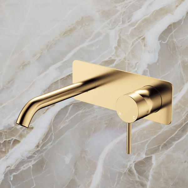 Fienza Kaya Basin Wall Mixer Set Rectangular Plate 160mm Outlet Urban Brass