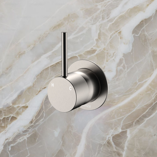 Fienza Kaya Up Wall Mixer Small Round Plate Brushed Nickel