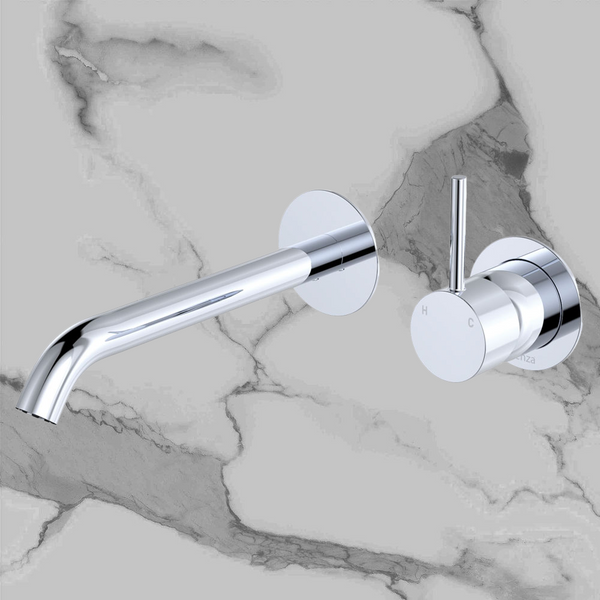 Fienza Kaya Up Basin Wall Mixer Set Round Plates 200mm Outlet Chrome