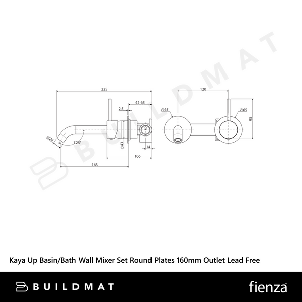 Fienza Kaya Up Basin/Bath Wall Mixer Set Round Plates 160mm Outlet Chrome Lead Free