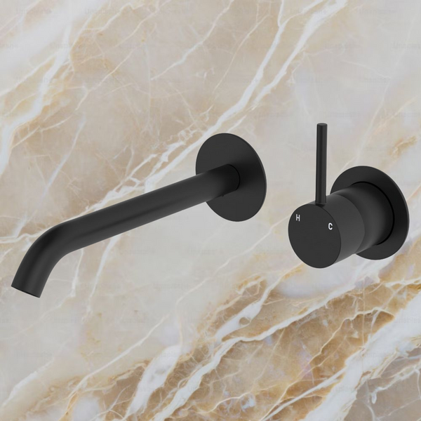 Fienza Kaya Up Basin Wall Mixer Set Round Plates 200mm Outlet Matte Black