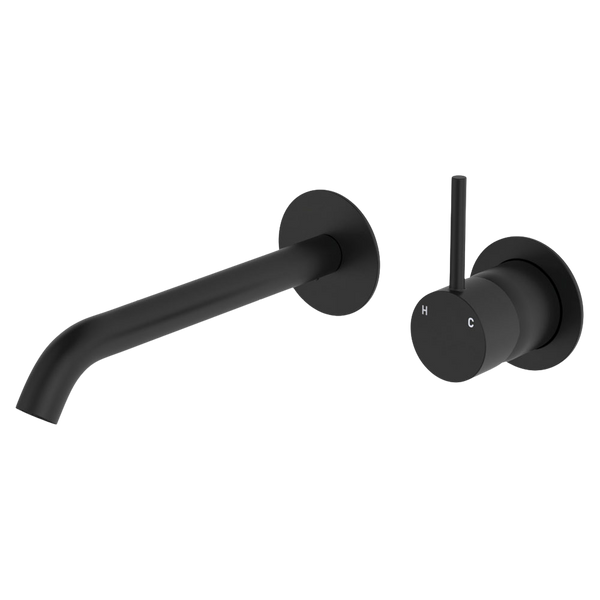 Fienza Kaya Up Basin Wall Mixer Set Round Plates 200mm Outlet Matte Black