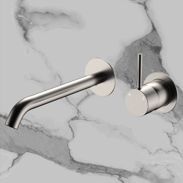 Fienza Kaya Up Basin Wall Mixer Set Round Plates 200mm Outlet Brushed Nickel