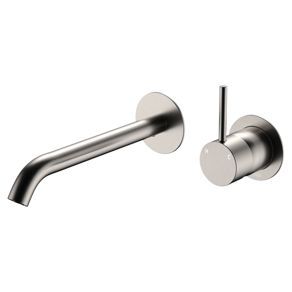 Fienza Kaya Up Basin Wall Mixer Set Round Plates 200mm Outlet Brushed Nickel