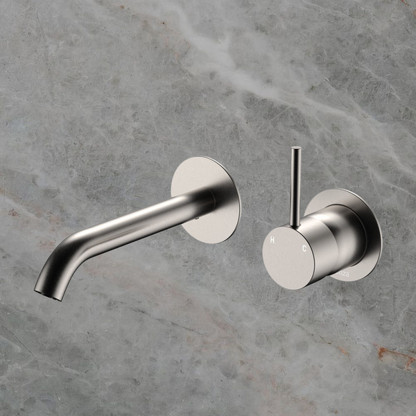 Fienza Kaya Up Basin Wall Mixer Set Round Plates 160mm Outlet Brushed Nickel
