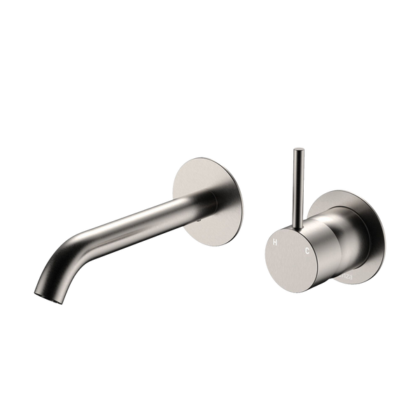 Fienza Kaya Up Basin Wall Mixer Set Round Plates 160mm Outlet Brushed Nickel
