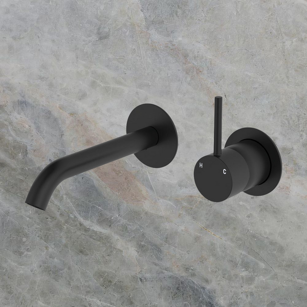 Fienza Kaya Up Basin Wall Mixer Set Round Plates 160mm Outlet Matte Black
