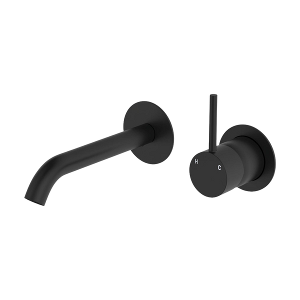 Fienza Kaya Up Basin Wall Mixer Set Round Plates 160mm Outlet Matte Black