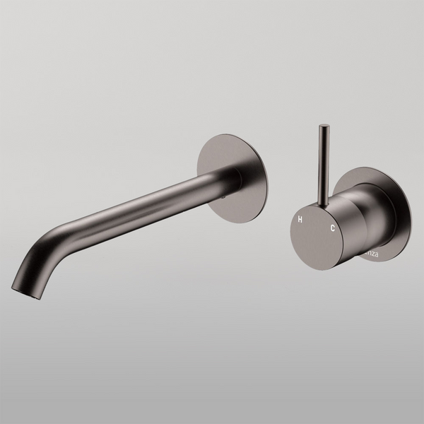 Fienza Kaya Up Basin Wall Mixer Set Round Plates 200mm Outlet Gun Metal