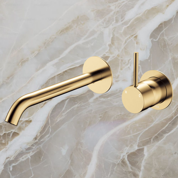 Fienza Kaya Up Basin Wall Mixer Set Round Plates 200mm Outlet Urban Brass