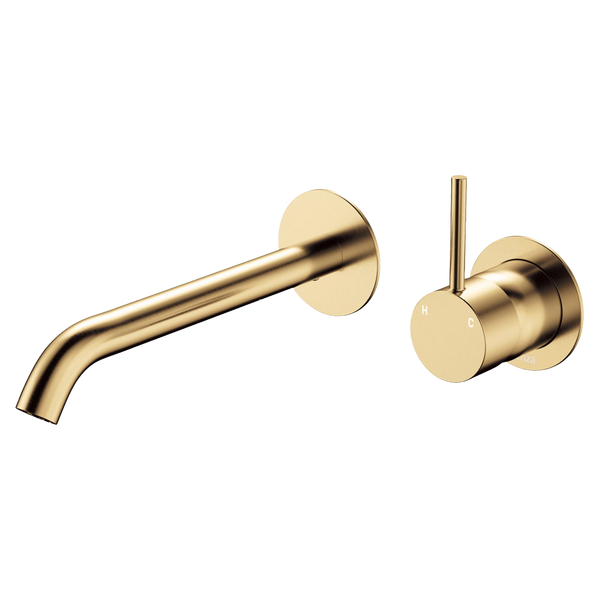 Fienza Kaya Up Basin Wall Mixer Set Round Plates 200mm Outlet Urban Brass
