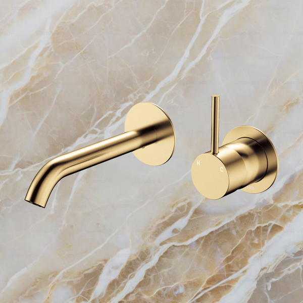 Fienza Kaya Up Basin Wall Mixer Set Round Plates 160mm Outlet Urban Brass