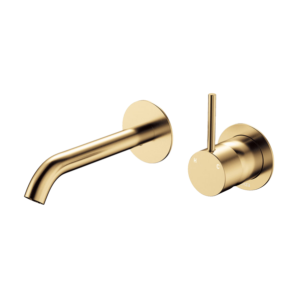 Fienza Kaya Up Basin Wall Mixer Set Round Plates 160mm Outlet Urban Brass
