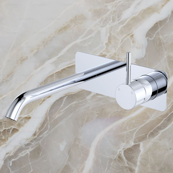 Fienza Kaya Up Basin Wall Mixer Set Rectangular Plate 200mm Outlet Chrome