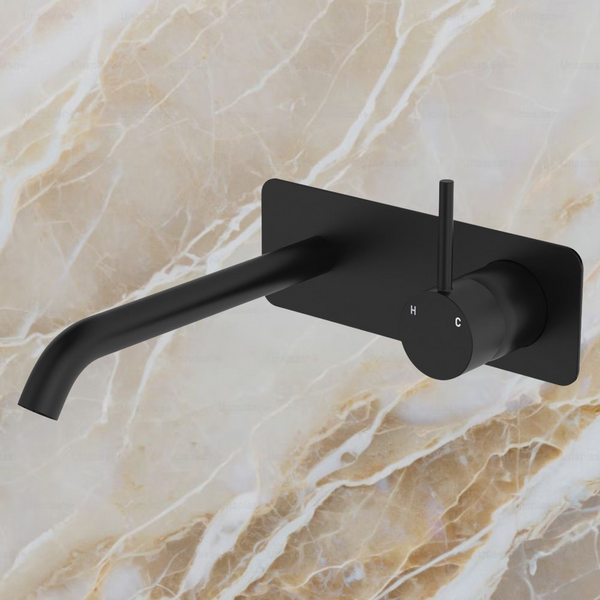 Fienza Kaya Up Basin Wall Mixer Set Rectangular Plate 200mm Outlet Matte Black