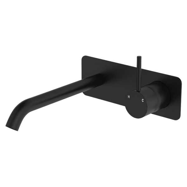 Fienza Kaya Up Basin Wall Mixer Set Rectangular Plate 200mm Outlet Matte Black