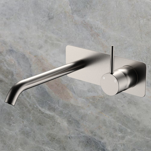 Fienza Kaya Up Basin Wall Mixer Set Rectangular Plate 200mm Outlet Brushed Nickel