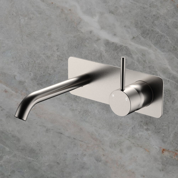 Fienza Kaya Up Basin Wall Mixer Set Rectangular Plate 160mm Outlet Brushed Nickel