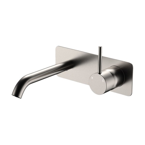 Fienza Kaya Up Basin Wall Mixer Set Rectangular Plate 160mm Outlet Brushed Nickel