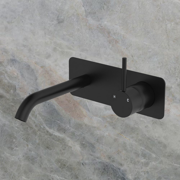 Fienza Kaya Up Basin Wall Mixer Set Rectangular Plate 160mm Outlet Matte Black