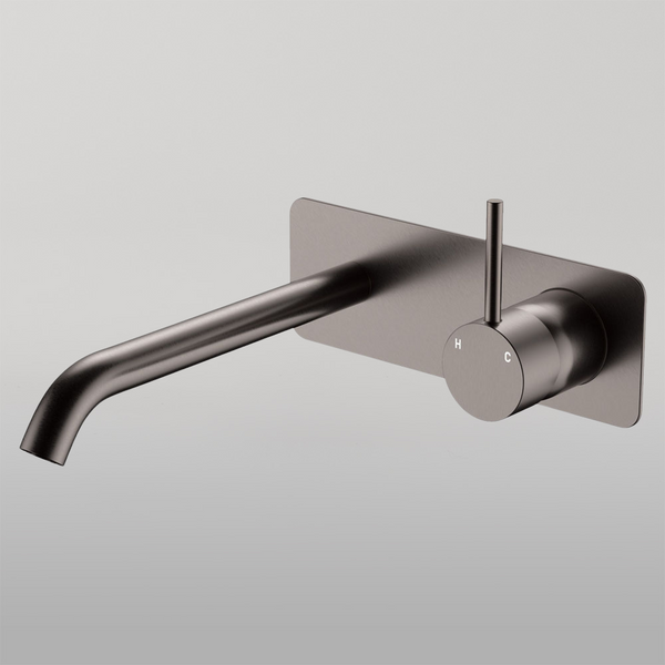 Fienza Kaya Up Basin Wall Mixer Set Rectangular Plate 200mm Outlet Gun Metal