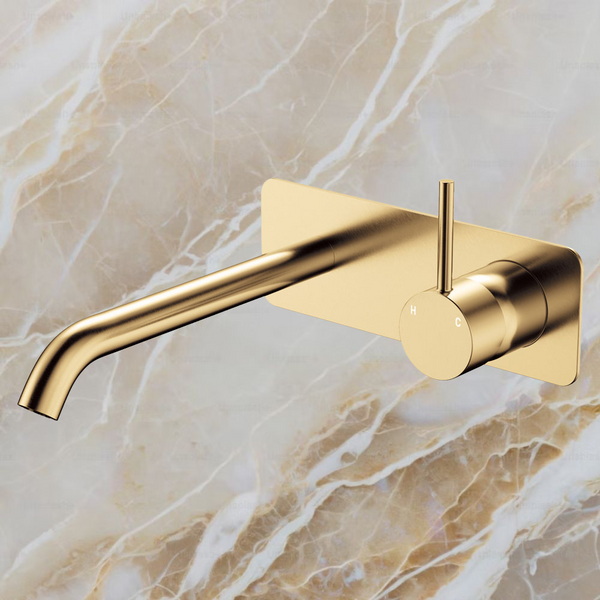 Fienza Kaya Up Basin Wall Mixer Set Rectangular Plate 200mm Outlet Urban Brass