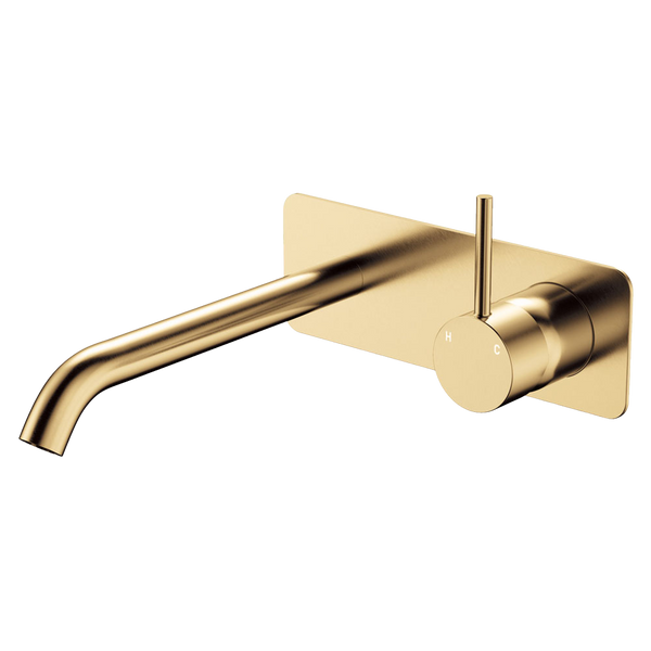 Fienza Kaya Up Basin Wall Mixer Set Rectangular Plate 200mm Outlet Urban Brass