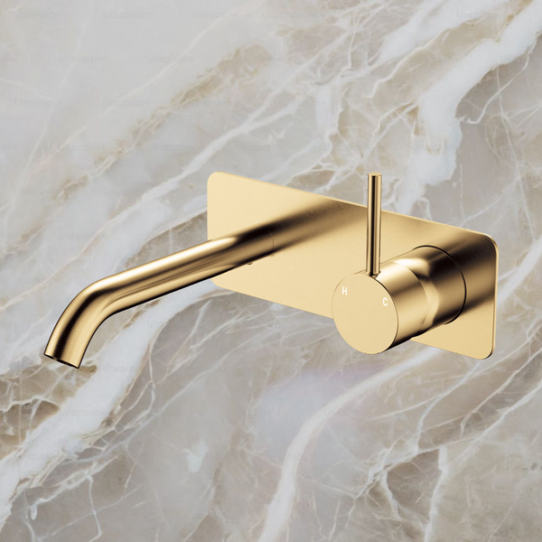 Fienza Kaya Up Basin Wall Mixer Set Rectangular Plate 160mm Outlet Urban Brass