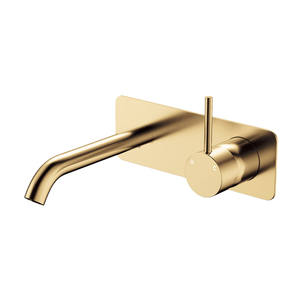 Fienza Kaya Up Basin Wall Mixer Set Rectangular Plate 160mm Outlet Urban Brass