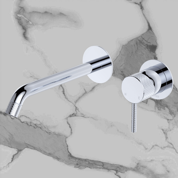 Fienza Axle Wall Basin Mixer Set Round Plates 200mm Outlet Chrome